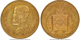 Pedro II gold "Small Bust" 20000 Reis 1851 AU58 NGC, Rio de Janeiro mint, KM463. Two year type. Antique golden color with orange tone. 

HID09801242...