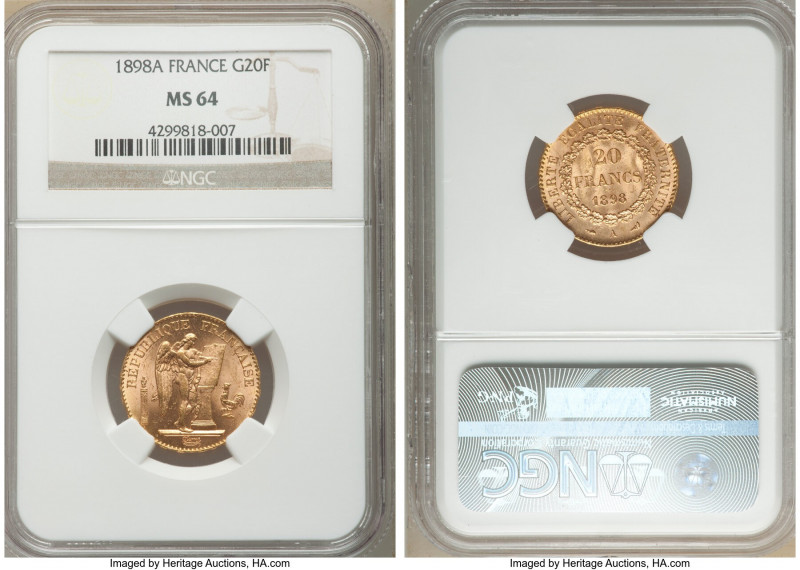 Republic gold 20 Francs 1898-A MS64 NGC, Paris mint, KM825. Blush tinted gold. ...