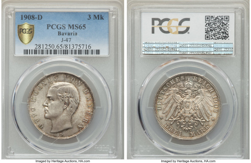 Bavaria. Otto 3 Mark 1908-D MS65 PCGS, Munich mint, KM996, J-47. Ash-gray toning...