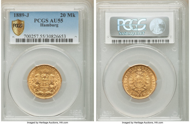 Hamburg. Free City gold 20 Mark 1889-J AU55 PCGS, Hamburg mint, KM602. Last date...