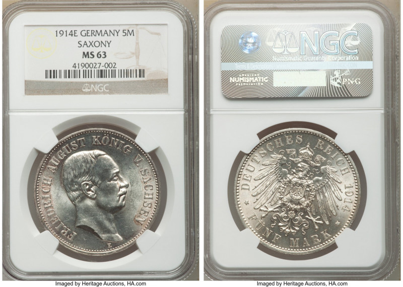 Saxony. Friedrich August III 5 Mark 1914-E MS63 NGC, Muldenhutten mint, KM1266, ...