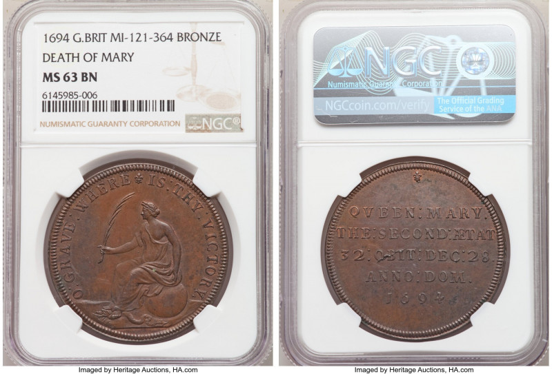 William & Mary bronze "Death of Mary" Medal 1694 MS63 Brown NGC, Eimer-363, MI-1...