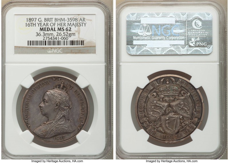 Victoria silver "60th Year of Reign" Medal 1897 MS62 NGC, BHM-3598. 36.3mm. 26.5...