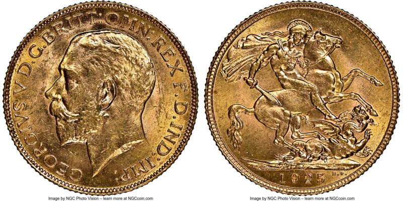George V gold Sovereign 1925 MS64 NGC, KM820, KM3996. AGW 0.2355 oz. 

HID0980...