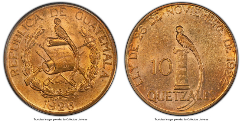 Republic gold 10 Quetzales 1926-(P) MS62 PCGS, Philadelphia mint, KM245, Fr-49. ...