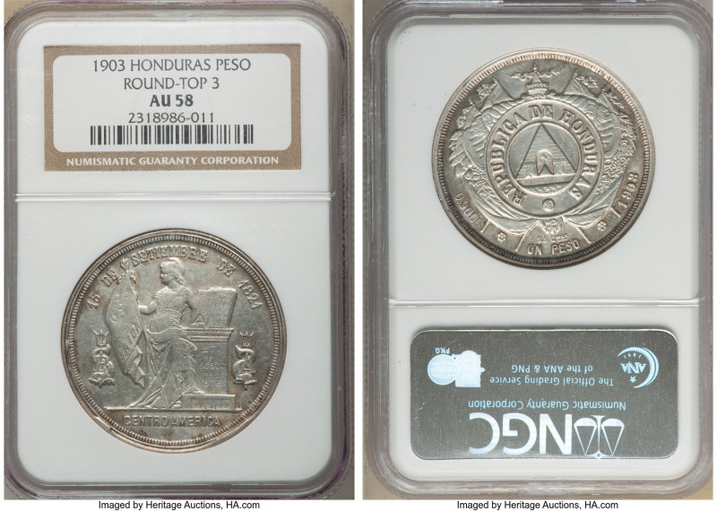 Republic "Round Top 3" Peso 1903 AU58 NGC, Tegucigalpa mint, KM52.

HID0980124...