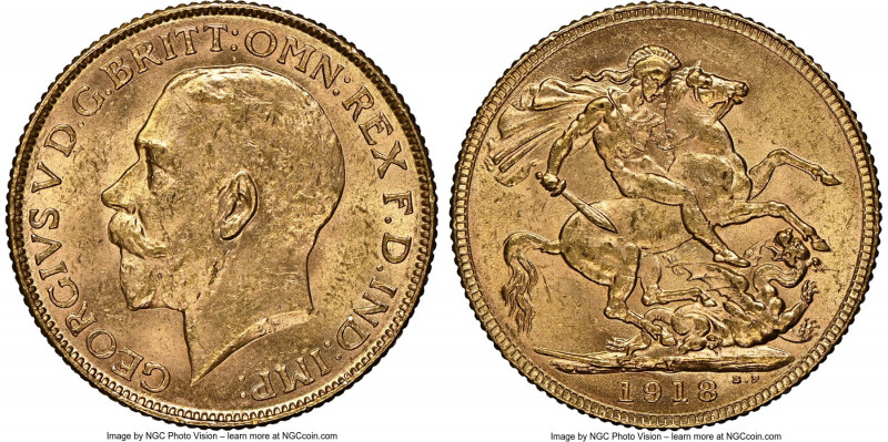 British India. George V gold Sovereign 1918-I MS63 NGC, Bombay mint, KM-A525, S-...