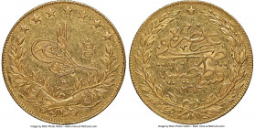 Ottoman Empire. Abdul Hamid II gold 100 Kurush AH 1293 Year 31 (1905/1906) AU58 NGC, Constantinople mint (in Turkey), KM730. AGW 0.2127 oz.

HID0980...