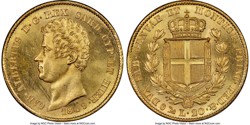 Sardinia. Carlo Alberto gold 20 Lire 1849 (Anchor)-P MS64 NGC, Genoa mint, KM131...