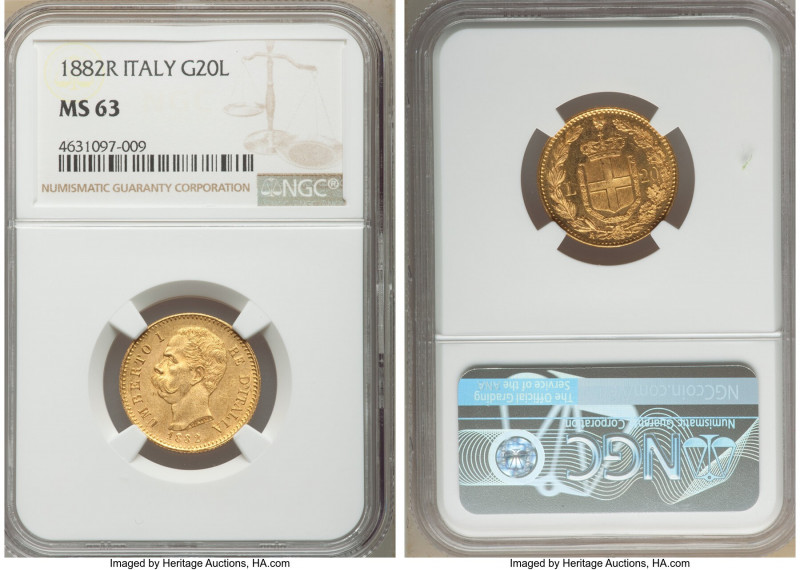 Umberto I gold 20 Lire 1882-R MS63 NGC, Rome mint, KM21. AGW 0.1867 oz. 

HID0...