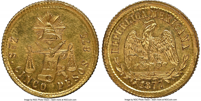 Republic gold 5 Pesos 1877 Zs-S/A MS63 NGC, Zacatecas mint, KM412.7. S/A assayer...