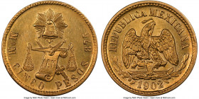 Republic gold 5 Pesos 1902 Mo-M MS63 NGC, Mexico City mint, KM412.6, Fr-139. Mintage: 1,478. Popular balance scale gold. 

HID09801242017

© 2022 ...