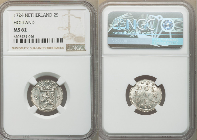 Holland. Provincial 2 Stuivers 1724 MS62 NGC, KM48. Crowned lion shield dividing...