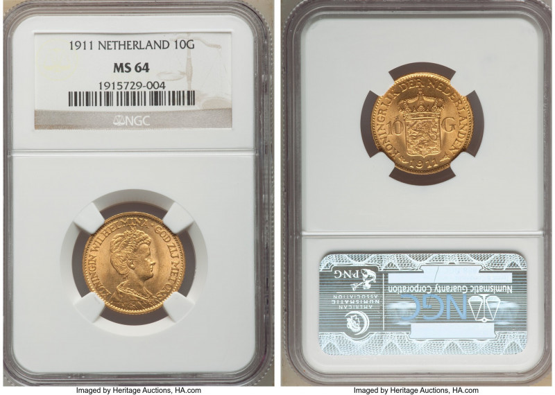 Wilhelmina gold 10 Gulden 1911 MS64 NGC, Utrecht mint, KM149. AGW 0.1947 oz. 
...