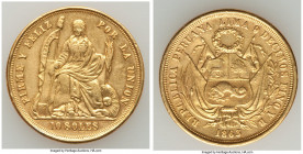 Republic gold 10 Soles 1863 LIMA-YB XF (Cleaned), Lima mint, KM193. One year type. 28.1mm. 15.98gm. 

HID09801242017

© 2022 Heritage Auctions | A...