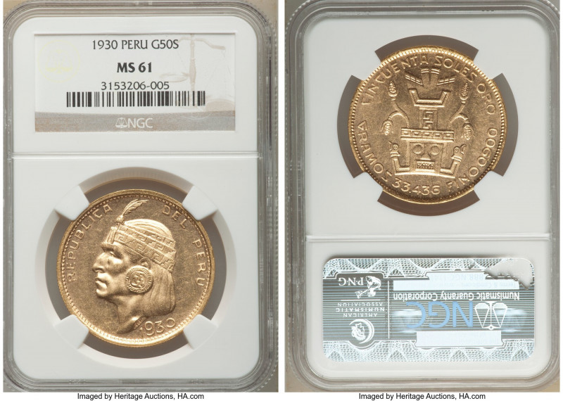 Republic gold "Inca" 50 Soles 1930 MS61 NGC, Lima mint, KM219. Reflective luster...