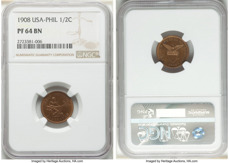 USA Administration Proof 1/2 Centavo 1908 PR64 Brown NGC, Philadelphia mint, KM1...