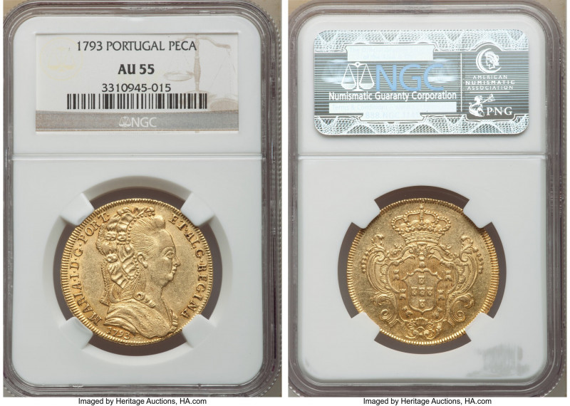 Maria I gold 4 Escudos (Peça) 1793 AU55 NGC, Lisbon mint, KM299. Honey toning on...