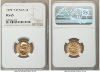 Nicholas II gold 5 Roubles 1909-ЭБ MS65 NGC, St. Petersburg mint, KM-Y62. AGW 0.1245 oz. 

HID09801242017

© 2022 Heritage Auctions | All Rights R...