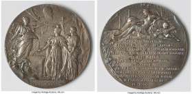 Nicholas II silvered-bronze "Laying of Foundation Stone for Alexander III Bridge in Paris" Medal 1900 XF, Diakov-1320.1. 70.2mm. 140.6gm. By Daniel Du...