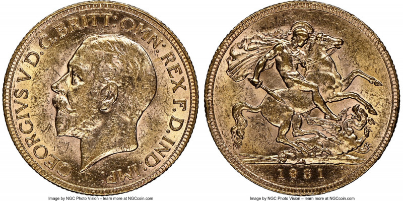 George V gold Sovereign 1931-SA MS62 NGC, Pretoria mint, KM-A22, S-4005. AGW 0.2...