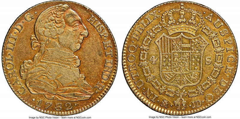 Charles III gold 4 Escudos 1782/72 M-JD AU53 NGC, Madrid mint, cf. KM418.1 (over...