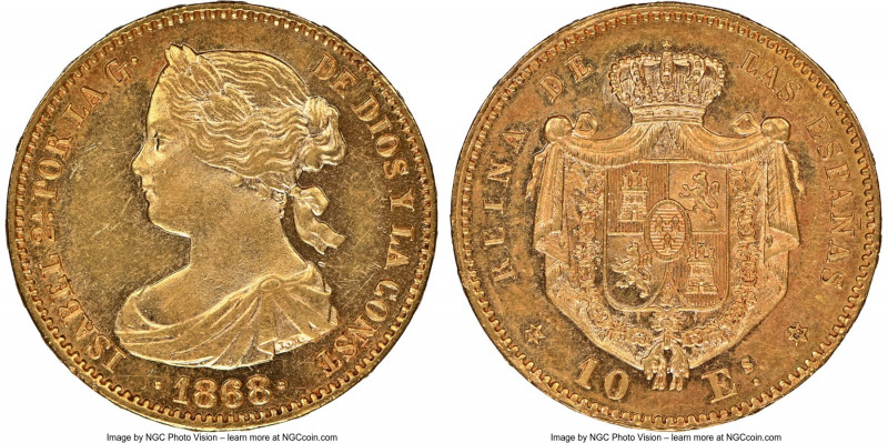 Isabel II gold 10 Escudos 1868(68) MS63 NGC, Madrid mint, KM636.1. Reflective lu...