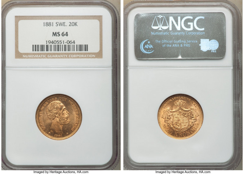 Oscar II gold 20 Kronor 1881-EB MS64 NGC, KM748. Awash in coppery-golden hue. 
...