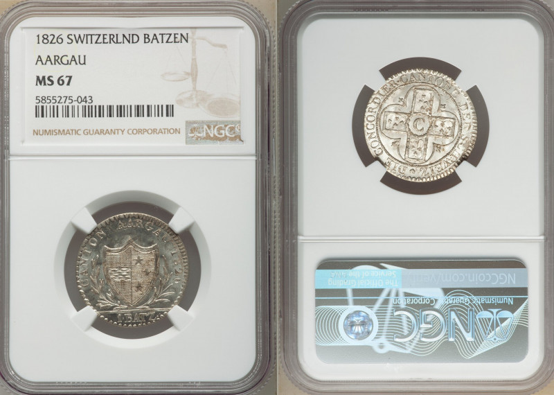 Aargau. Canton Batzen 1826 MS67 NGC, KM21. Semi-Prooflike with tan toning. 

H...