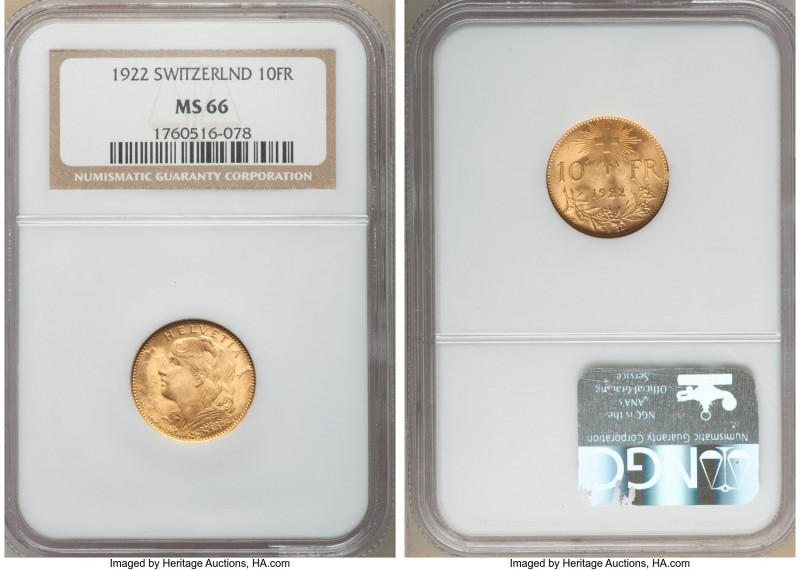 Confederation gold 10 Francs 1922-B MS66 NGC, Bern mint, KM36. 

HID0980124201...