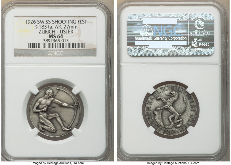 Confederation silver "Zurich-Uster Shooting Festival" Medal 1926 MS64 NGC, Richt...