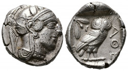 (Silver.17.16g 25mm) ATTICA. Athens. Tetradrachm (Circa 454-404 BC). AR
Helmeted head of Athena right, with frontal eye.
Rev: AΘE./ Owl standing rig...