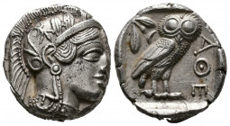 (Silver.17.19g 24mm) ATTICA. Athens. Tetradrachm (Circa 454-404 BC). AR
Helmeted head of Athena right, with frontal eye.
Rev: AΘE./ Owl standing rig...