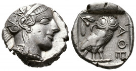 (Silver.17.21g 25mm) ATTICA. Athens. Tetradrachm (Circa 454-404 BC). AR
Helmeted head of Athena right, with frontal eye.
Rev: AΘE./ Owl standing rig...
