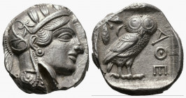 (Silver.17.12g 23mm) ATTICA. Athens. Tetradrachm (Circa 454-404 BC). AR
Helmeted head of Athena right, with frontal eye.
Rev: AΘE./ Owl standing rig...