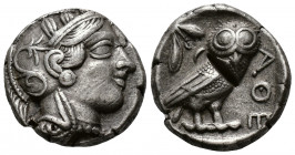 (Silver.17.09g 25mm) ATTICA. Athens. Tetradrachm (Circa 454-404 BC). AR
Helmeted head of Athena right, with frontal eye.
Rev: AΘE./ Owl standing rig...