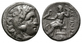 (Silver. MACEDON KINGS, Alexander III. 336-323 BC. AR Drachm Kolophon, circa 310-301 BC. 
Struck under Antigonos I Monophthalmos. 
Head of Herakles ...