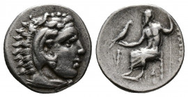 (Silver. 4.18g 18mm) Kings of Macedon. Lampsakos. Alexander III \"the Great\"" 336-323 BC. Drachm AR
Head of Herakles right, wearing lion skin.
Rev:...