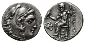 (Silver. 4.26g 22mm) KINGS OF MACEDON. Alexander III 'the Great' (336-323 BC). Drachm. Lampsakos.
Head of Herakles right, wearing lion skin.
Rev: Ze...