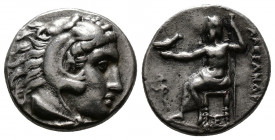 (Silver. 4.27g 18mm) KINGS OF MACEDON. Alexander III ‘the Great’, 336-323 BC. Drachm
Head of Herakles right, wearing lion skin.
Rev: Zeus seated lef...
