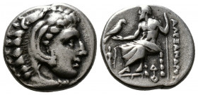 (Silver. 4.13g 17mm) KINGDOM OF MACEDON. Alexander III, 336-323 BC. AR Drachm Lampsakos, 
Head of Herakles wearing lion skin headress
Rev: Zeus enth...