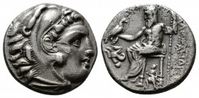 (Silver. 4.11g 18mm) KINGS OF MACEDON. Alexander III 'the Great' (336-323 BC). Drachm. Lampsakos.
Head of Herakles right, wearing lion skin.
Rev: Ze...