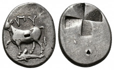 (Silver. 5.35g 17mm) Thrace, Byzantion AR Siglos. Circa 340-320 BC. AR
Bull standing to left on dolphin, ΠY above.
Rev: Incuse granulated mill-sail ...
