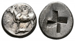 (Silver. 5.19g. 17mm) Thrace, Byzantion AR Siglos. Circa 340-320 BC. AR
Bull standing to left on dolphin, ΠY above.
Rev: Incuse granulated mill-sail...