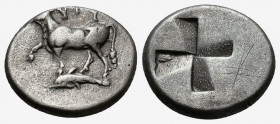 (Silver. 5.32g 18mm) Thrace, Byzantion AR Siglos. Circa 340-320 BC. AR
Bull standing to left on dolphin, ΠY above.
Rev: Incuse granulated mill-sail ...