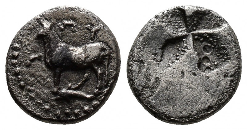 (Silver. 1.12g 11mm) THRACE, Byzantion. 340-320 BC. AR Tenth Stater 
Bull on do...