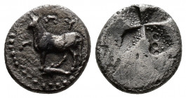 (Silver. 1.12g 11mm) THRACE, Byzantion. 340-320 BC. AR Tenth Stater 
Bull on dolphin
Rev: Mill-sail incuse. 
SNG.BM.48.