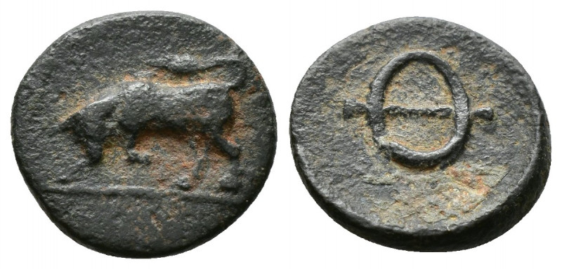 (Bronze.1.76g 14mm) Phliasia. Phlious 400-360 BC. Chalkous AE
Bull butting left...