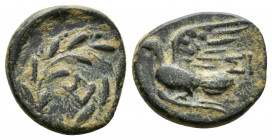 Sicyon, Sicyonia. AE Chalkous , c. 196-146 BC. AE
Obv. Dove flying left, ΣI above and I below tail.
Rev. ΣI within wreath.
Warren 8A, 2b.