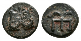 (Bronze. 0.98g 10mm) TROAS. Kebren. Ae (Circa 420-412 BC).
Confronted heads of two rams, with downward facing palmette between them.
Rev: KE monogra...